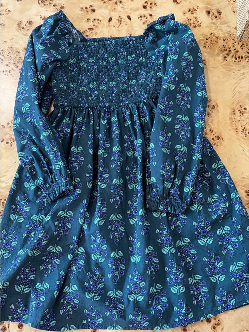 Crewcuts Blue Floral Smocked Long Sleeve Dress